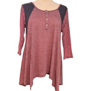 Umgee Shirt S Mixed Media Mauve Womens Sharkbite Lace Sleeve Top Size Small